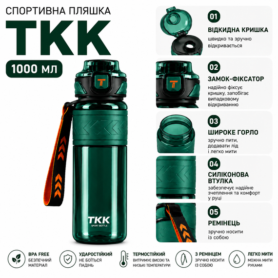 Пляшка спортивна TKK Tritan 1000 мл — Зелена, ударостійка, BPA-free, з ремінцем та відкидною кришкою | Зображення 2