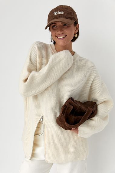 Жіночий вільний в'язаний джемпер - молочний цвет, ONE SIZE (є розміри) | Зображення 4