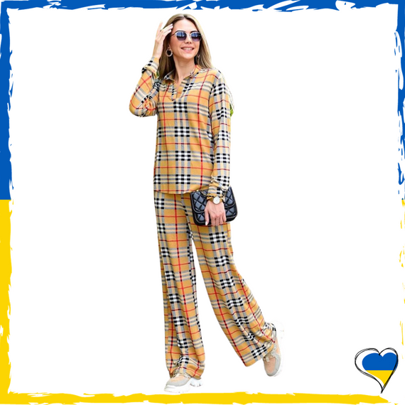 Костюм жіночий домашній рудний у клітинку. Костюм жіночий повсякденний S, M, L