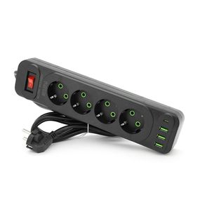 Сетевой фильтр F24U, 4 розетки EU+3 USB+PD, кнопка включения с индикатором, 2 м, 3х0,75мм, 2500W, Black, Box