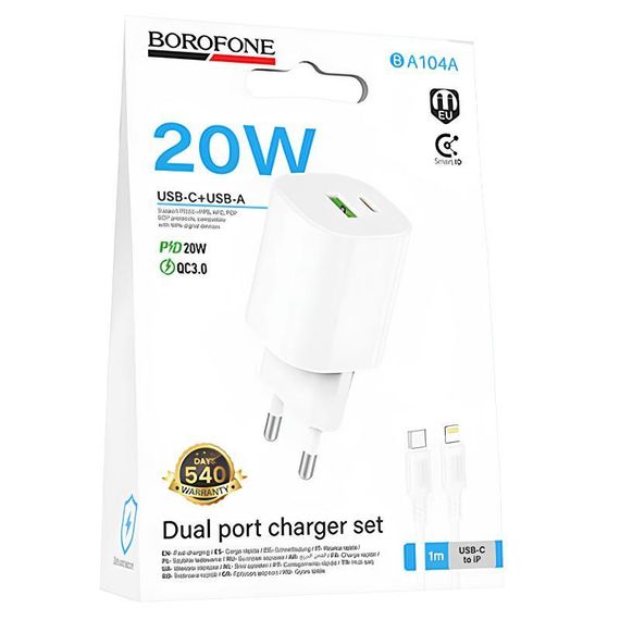 СЗУ Borofone BA104A Pudding PD20W+QC3.0 (1USB-A/1C) + кабель Type-C to Lightning White | Зображення 1