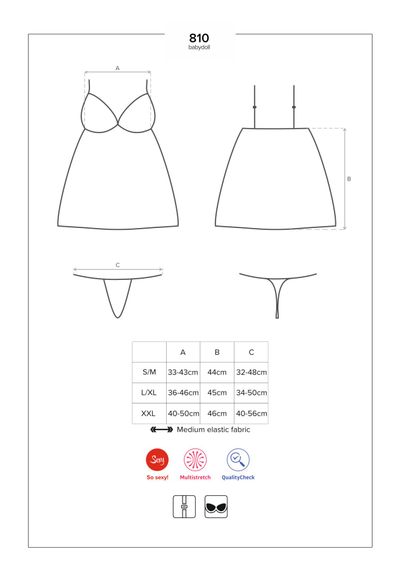 Сатиновий пеньюар із мереживом Obsessive 810-BAB-2 babydoll & thong S/M, білий, пеньюар, танга | Зображення 6