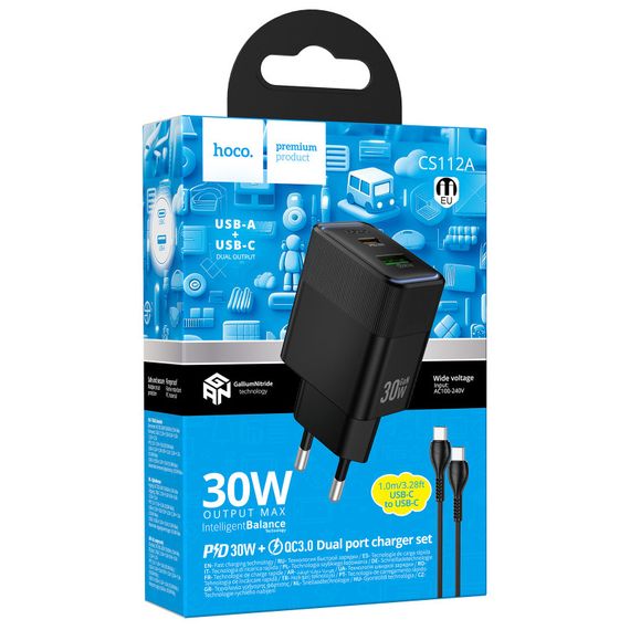 СЗУ Hoco CS112A Lounge PD30W+QC3.0 (1USB-A/1C) + кабель Type-C to Type-C Black | Зображення 1