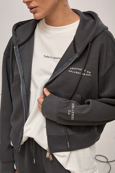 Спортивний костюм вільного фасону з вишитим написом - темно-сірий цвет, S/M (є розміри) | Зображення 3