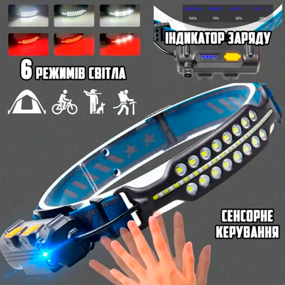 Фонарь обруч налобный BL-W690-2 с сенсорным управлением, красный и белый, ЗУ Type C | Зображення 6