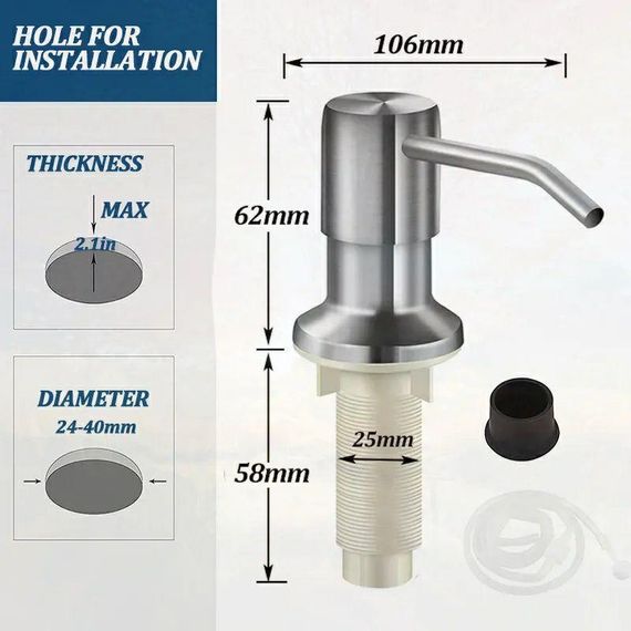 Дозатор миючого засобу врізний для кухонної мийки з гнучкою трубкою Хромований метал 1 м | Зображення 3