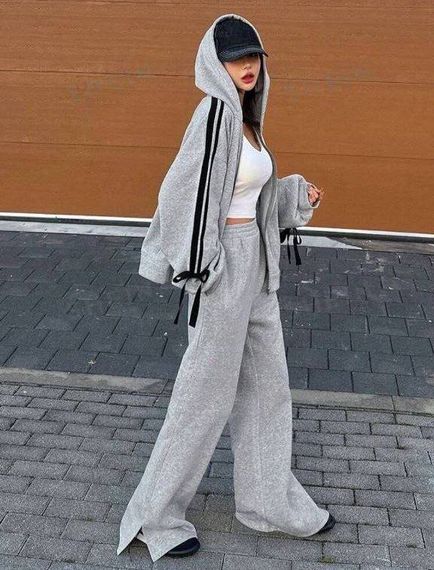 Жіночий спортивний костюм з прямими штанами і худі з бантами сірий колір, розмір 42/48 HI2732 | Зображення 3