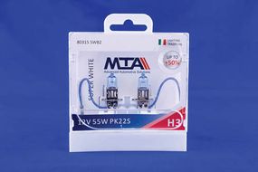 Лампа автомобільна H3 12 V 55 W PK22S SUPER WHITE (ближня/дальня, протитуманна) (світло-блакитний) (2шт) MTA 80315 SWB21