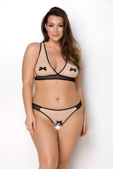 Комплект белья Passion VIENA SET 4XL/5XL, beige, лиф, стринги с доступом, бантики sexstyle