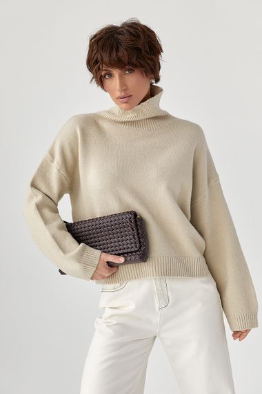 Теплий вільний гольф з розрізами внизу - бежевий цвет, ONE SIZE (є розміри) | Зображення 4