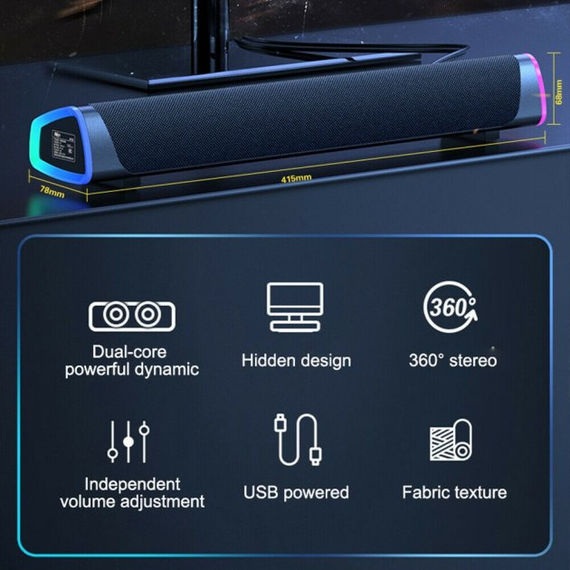 Звукова панель, бездротова колонка Bluetooth 5.0 для ПК з RGB-підсвічуванням 415*78*68 мм, Чорний | Зображення 1