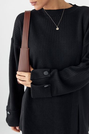 В'язаний костюм в рубчик вільною крою - чорний цвет, ONE SIZE (є розміри) | Зображення 3