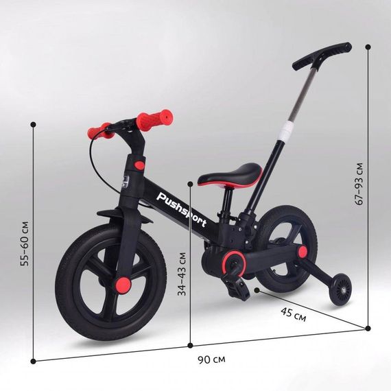 Дитячий велосипед-біговел 2в1 PUSH SPORT M10 | Ручне гальмо, страхувальні колеса та регульоване сидіння Червоний | Зображення 2