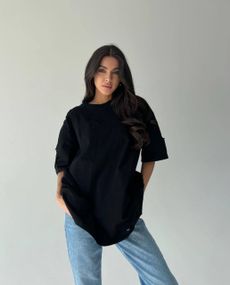 Женская длинная футболка оверсайз с порезами цвет черный размер 48/52 PP027