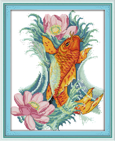 Набір для вишивання за нанесеною на канву схемою "Carp and flowers" .AIDA 14CT printed, 29*35 см
