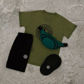 Костюм футболка + шорти + кепка та бананка Stone island колір олива/чорний