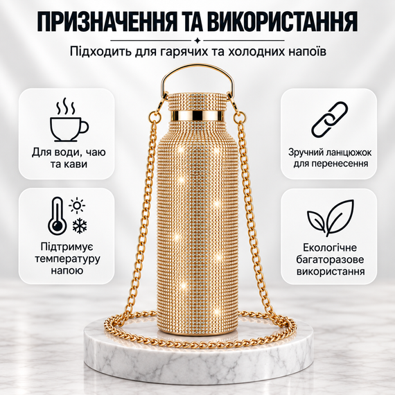 Термопляшка 500 мл зі стразами та ланцюжком, нержавіюча сталь, Золотиста у подарунковій коробці | Зображення 4