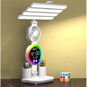 Аккумуляторная LED лампа  / Настольная лампа с 4 плафонами, RGB-подсветкой, часами и вентилятором