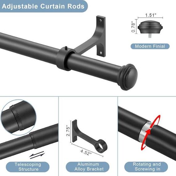 Матовий чорний карниз для вікон, одинарний телескопічний карниз, міцний карниз | Зображення 1