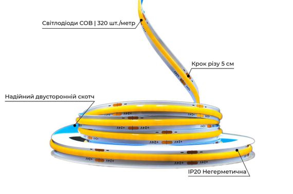 Світлодіодна LED стрічка PROLUM 24V СОВ 320 LED IP20 Series S Тепло-Білий 2800-3200K | Зображення 2