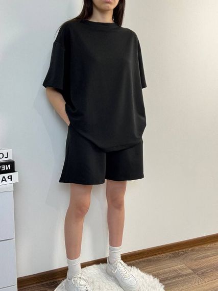 Женский летний костюм оверсайз футболка и шорты SSH668, цвет черный, размер единый 42/46 | Зображення 4