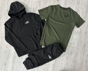 Комплект 3 в 1 Демісезонний спортивний костюм Puma чорний худі + чорні штани (двонитка) + Футболка хакі Puma