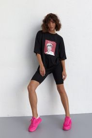 Женский костюм с футболкой oversize и велосипедками черный цвет S