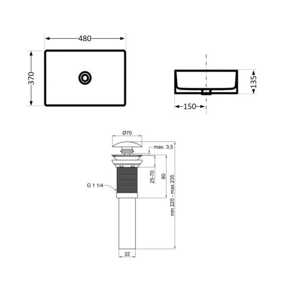 Комплект Qtap Tern: Раковина накладна прямокутна 480х370х135 мм White + Донний клапан PU02 | Зображення 1