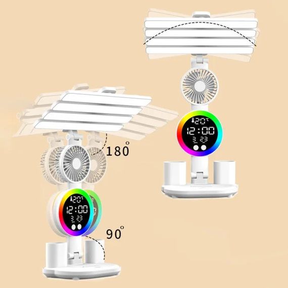 Настільна LED лампа KRX-104 з RGB-підсвіткою, вентилятором, годинником і підставкою | Зображення 3