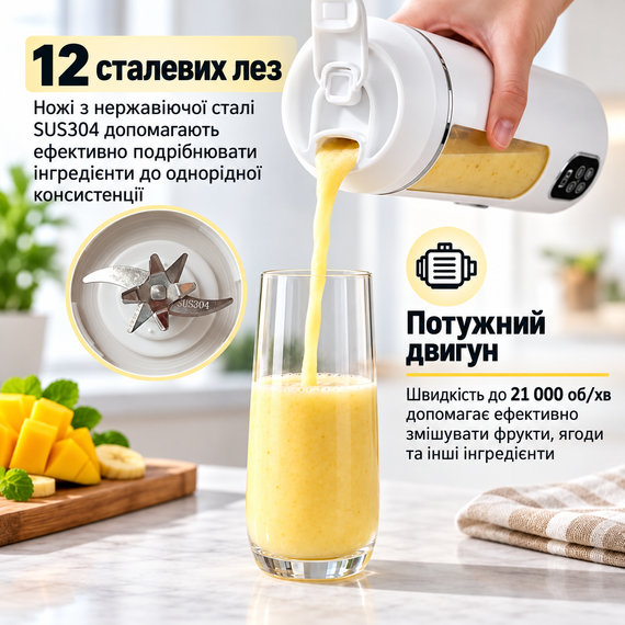 Портативний блендер-шейкер HS-889 530 мл, 12 лез SUS304, акумулятор 1300 мА·год, USB Type-C, для смузі та коктейлів, білий | Зображення 5