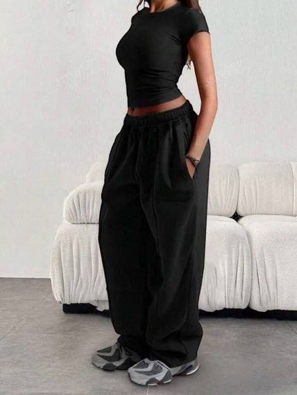 Жіночі штани оверсайз широкі зі стрілками знизу на затяжках колір чорний, розмір 42/48 HI2735 | Зображення 1