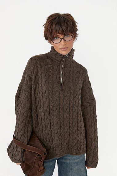 Теплий светр в косички вільного фасону - коричневий цвет, ONE SIZE (є розміри) | Зображення 4