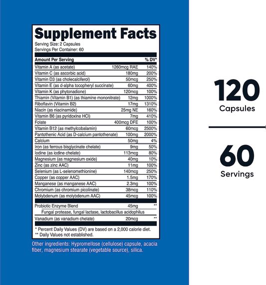 Мультивітаміни з пробіотиками, ензимами та антиоксидантами Nutricost Multivitamin 120 Capsules | Зображення 3