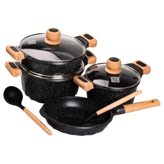 Набір посуду, 3 каструлі, з товстодонною алюмінієвою лопаткою та ополоником MGC, чорний HP-4-401B | Зображення 1