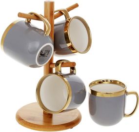 Чайний набір "Золота Лінія" 4 кружки 320мл на бамбуковій стійці, сірий