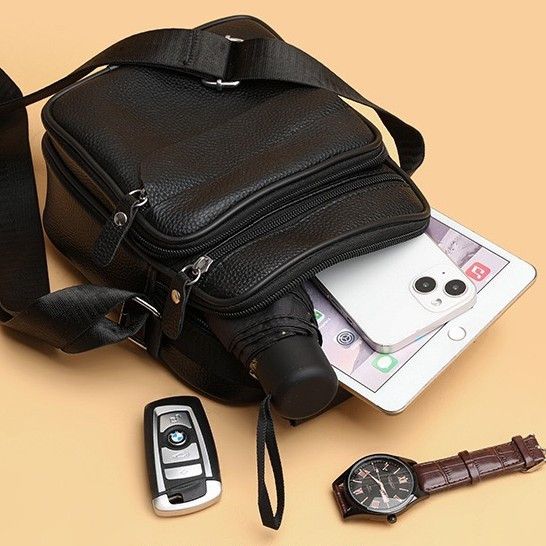 Чоловіча шкіряна барсетка через плече компактна функціональна з ручкою чорна 86802 | Зображення 4