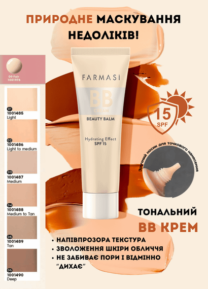 Тональний крем Farmasi ВВ зволожуючий сонцезахисний 15 SPF 06 Deep 30 мл | Зображення 1