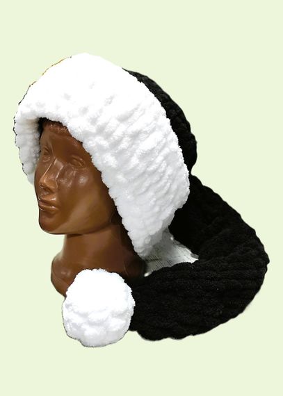 Чорна Новорічна шапка з пряжі Puffy (Alize 1060), Плюшевий ковпак Санти ручної роботи, Маскарадна шапочка