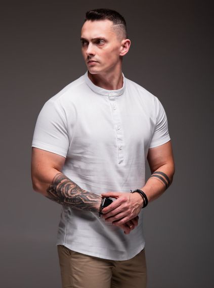 Мужская льнаная рубашка с коротким рукавом и воротником стойка на трех пуговицах RA1504 цвет белый, размер XL | Зображення 1