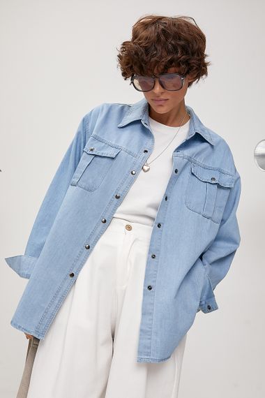 Джинсова вільна сорочка зі смугастими вставками - блакитний цвет, ONE SIZE (є розміри) | Зображення 3