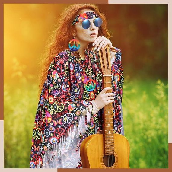 Хіпі костюм жіночій ретро у стилі 60х 70х для Хелловіну, вечірки, корпоративу, карнавальний комплект хіппі пончо | Зображення 2