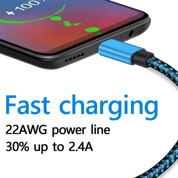 USB Type-C кабель 2.4 A швидке заряджання, нейлоновий для Android 1 метр синій | Зображення 3