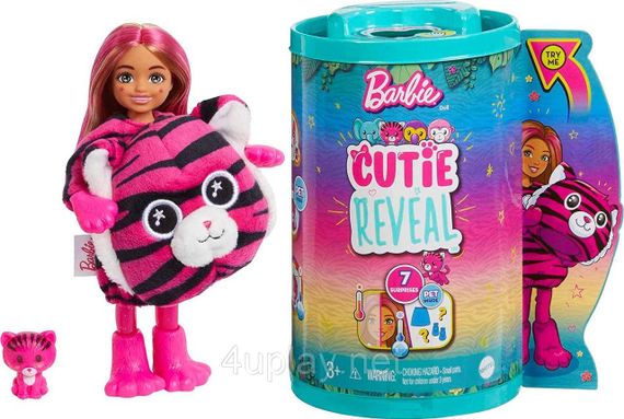 Кукла-сюрприз Barbie Cutie Reveal Chelsea Tiger Plush Челси в костюме, Тигр Милашка проявляшка Меняет цвет