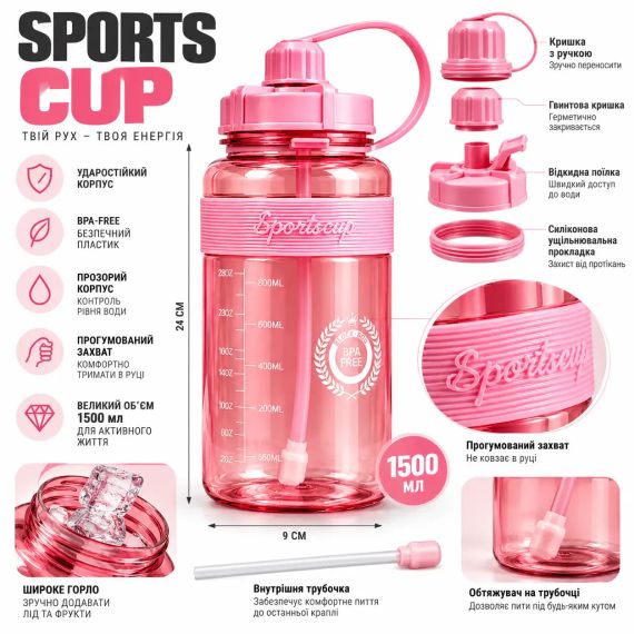 Спортивная бутылка для воды SPORTS CUP 1500 мл ударопрочная с прорезиненным захватом прозрачная розовая для спорта и фитнеса | Зображення 1