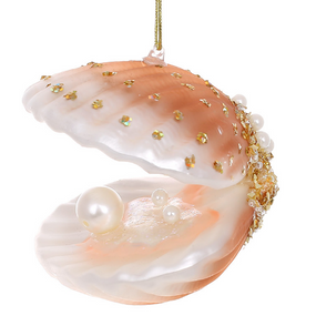 Елочное украшение из стекла Ракушка с жемчужиной и бисером 7.5см, цвет - перламутровый терракот
