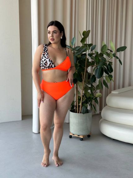 Роздільний помаранчевий купальник PLUS SIZE з високими плавками та лео принтом | Зображення 9