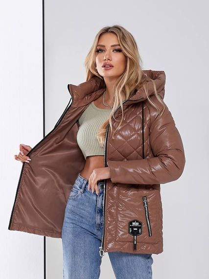 Жіноча стьобана куртка з блиском, арт.504, кава | Зображення 2