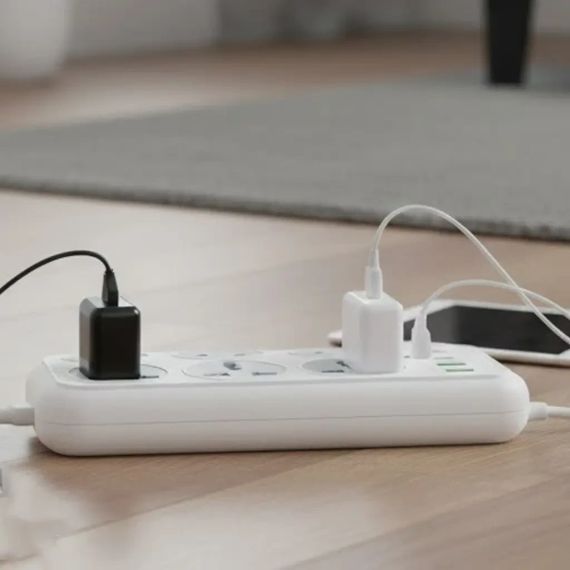 Мережевий фільтр подовжувач 2м, 2500Вт, 6×220В, 2хUSB, 1хType-C, WL-1, Білий / Мережевий подовжувач з вимикачем | Зображення 3