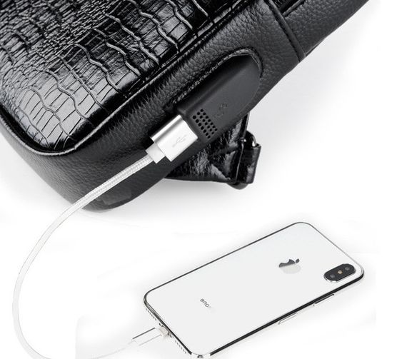 Сумка слінг чоловіча нагрудна чорна під крокодила з портом USB | Зображення 7