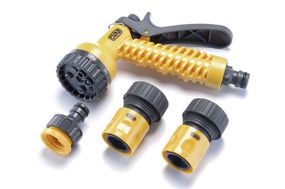 Набор: пистолет-распылитель 7 режимов, коннекторы 3/4: 3/4 аквастоп, 3/4, адаптер 1/2+3/4 СИЛА